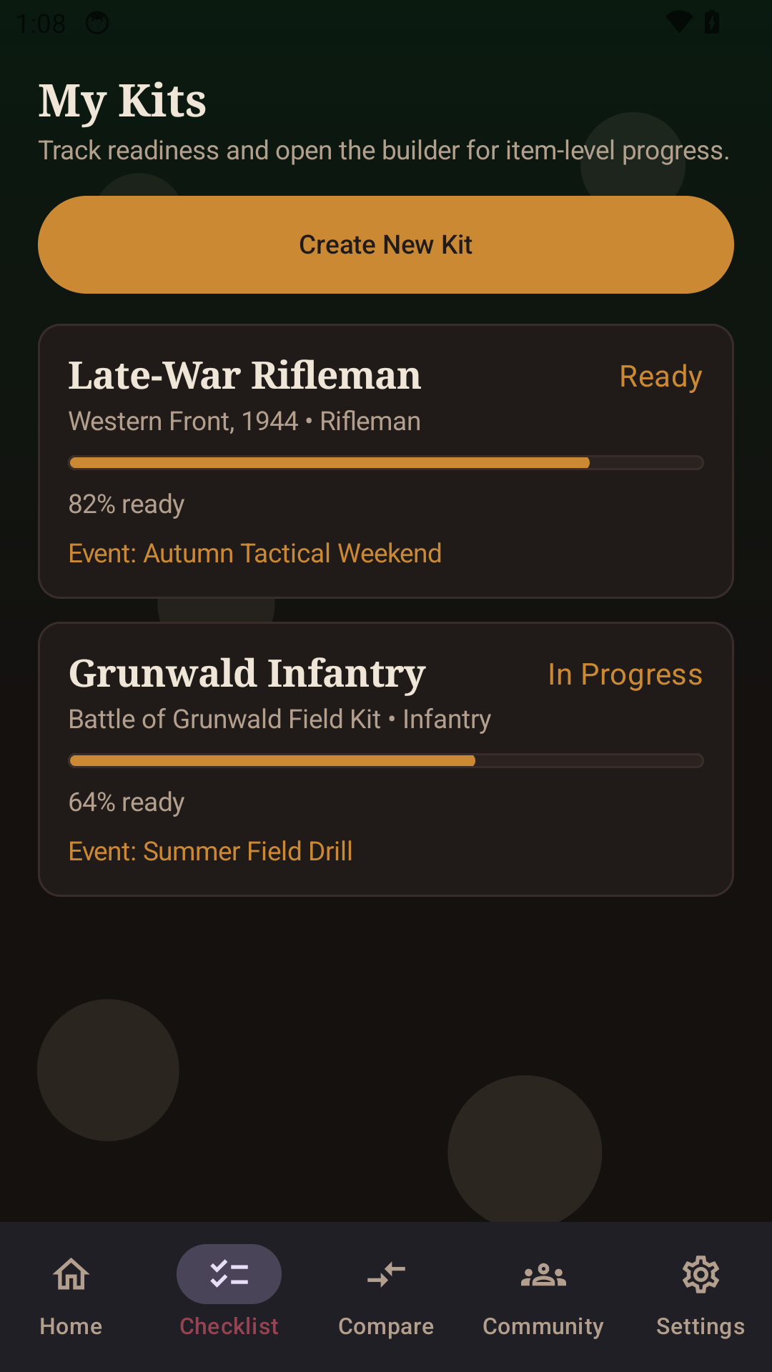 My Kits screen