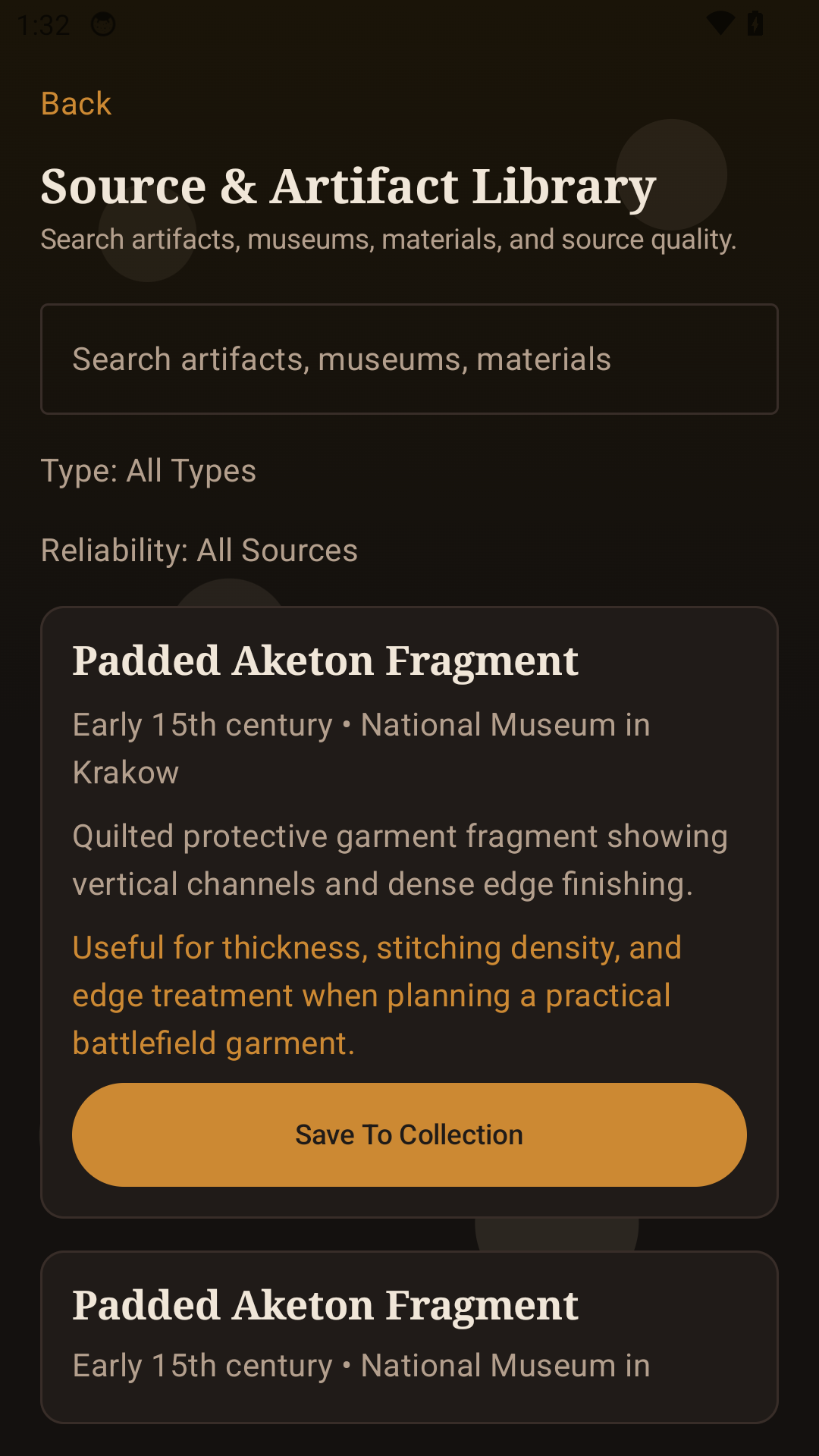 Source and artifact library screen